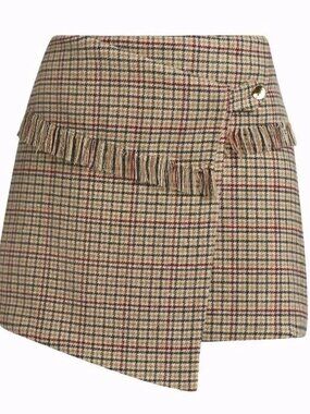 GANNI Womens Beige Check Wool-Blend Wrap High Rise Miniskirt IT40/US10 $325 RRP